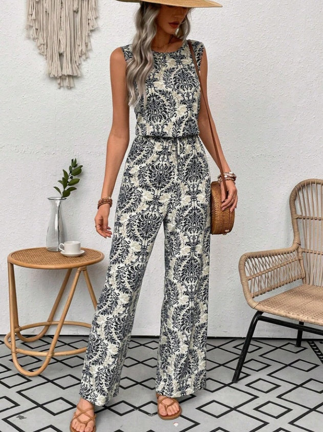 Printed Waist Cinching Casual Straight Leg Pants Set - MAVERICKFITS