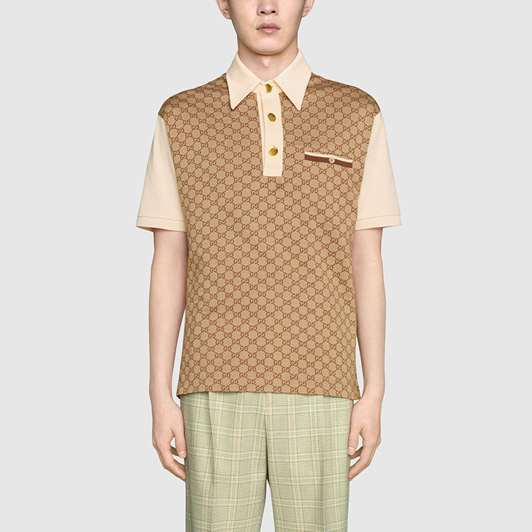 Men's Gucci FW21 Jacquard Knit Cotton Short Sleeve Khaki Polo Shirt 655435-XJDGE-2270 #.