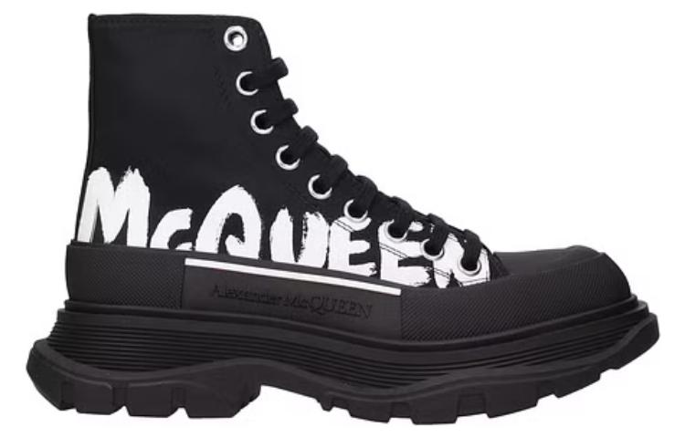 (WMNS) Alexander McQueen Tread Slick Graffiti Logo Boots 'Black White' 676718W4RQ21006 #