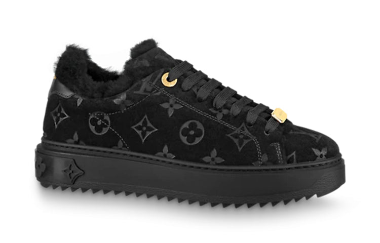 (WMNS) LOUIS VUITTON Time Out Shearling Sneakers 'Black Monogram with Gold' 1A95KN #
