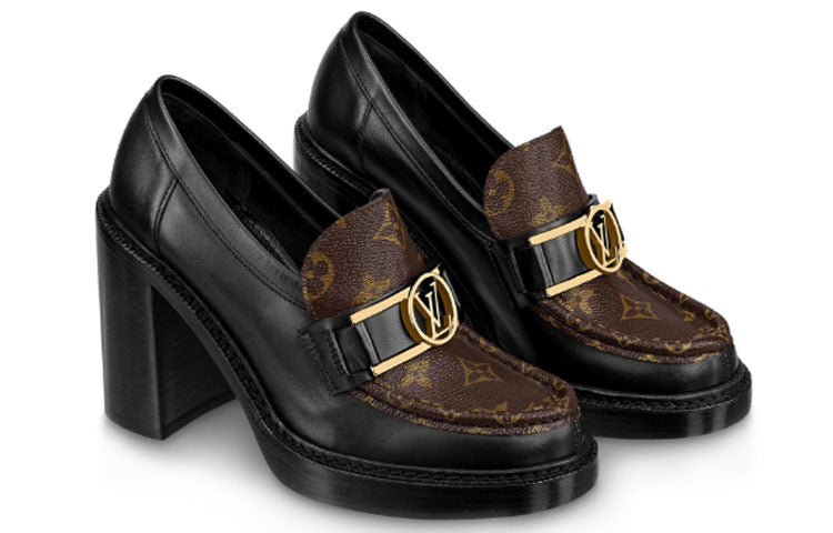 (WMNS) LOUIS VUITTON Academy Heeled Loafers 'Black with Brown Monogram' 1A86LV #.