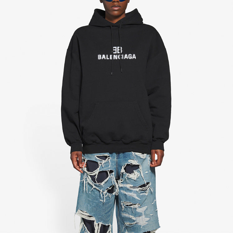 (WMNS) Balenciaga Bb Pixel Fleece Drawstring hooded Long Sleeves Hoodie Black 578135TKVI81070 #