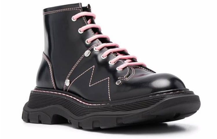 (WMNS) Alexander McQueen Contrast Stitch Tread Lace Up Boots 'Black Pink' 595469WHZ881336 #