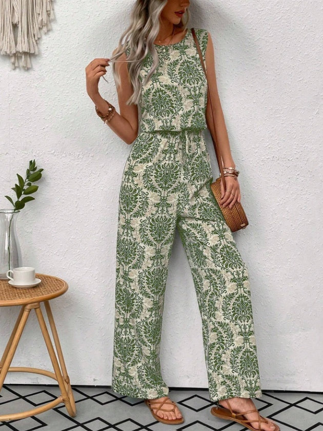 Printed Waist Cinching Casual Straight Leg Pants Set - MAVERICKFITS