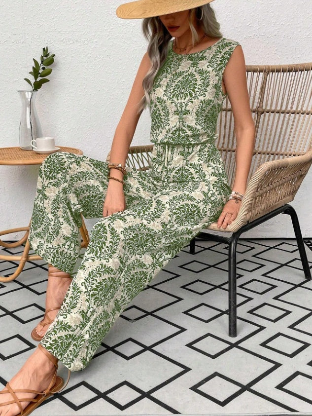 Printed Waist Cinching Casual Straight Leg Pants Set - MAVERICKFITS