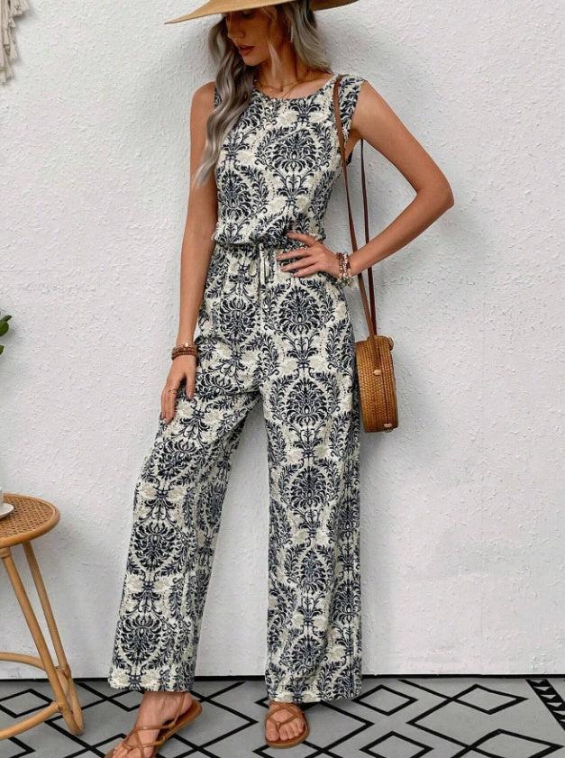Printed Waist Cinching Casual Straight Leg Pants Set - MAVERICKFITS