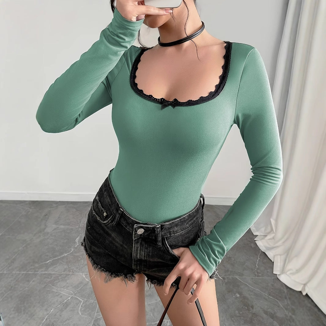 Women's Casual Lace Trim Color Blocking Long Sleeves Bodysuit - MAVERICKFITS