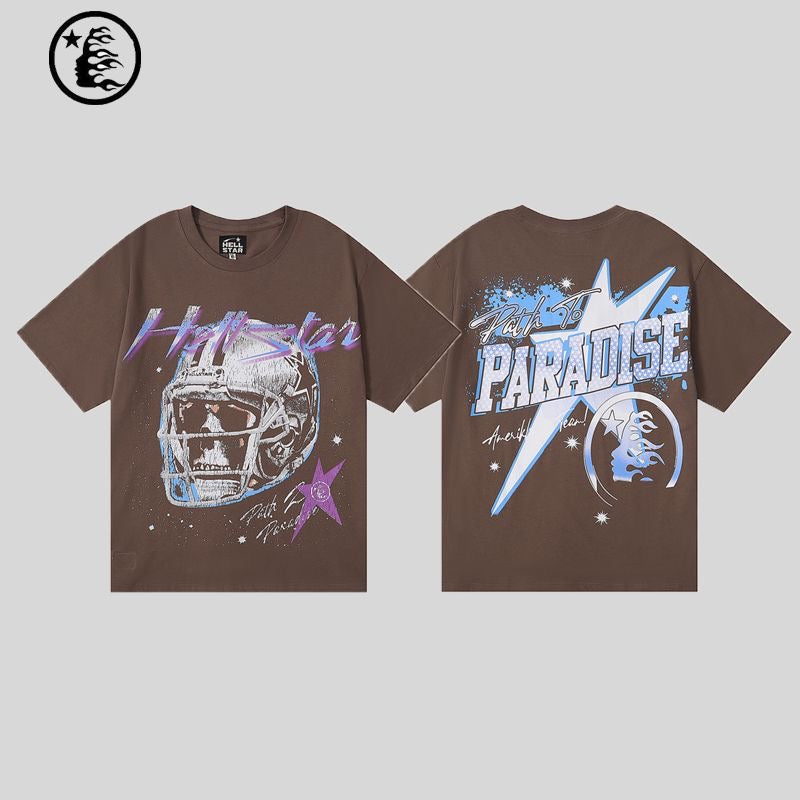 Designer Fashion Clothing Tshirt Luxury Mens Casual Tees High Street Hellstar Creative Fun Skull Helmet Print Quality Double Yarn Short Sleeve T-shirt Men