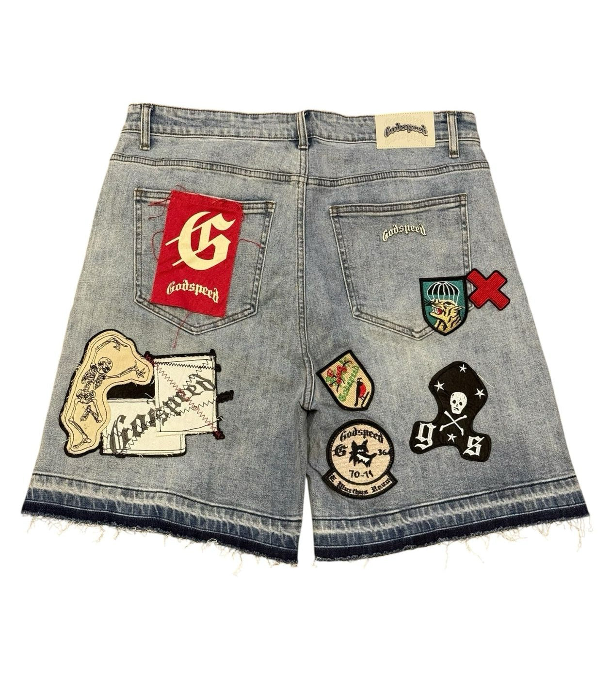 Godspeed Patchwork Brand Boom Denim Shorts Blue