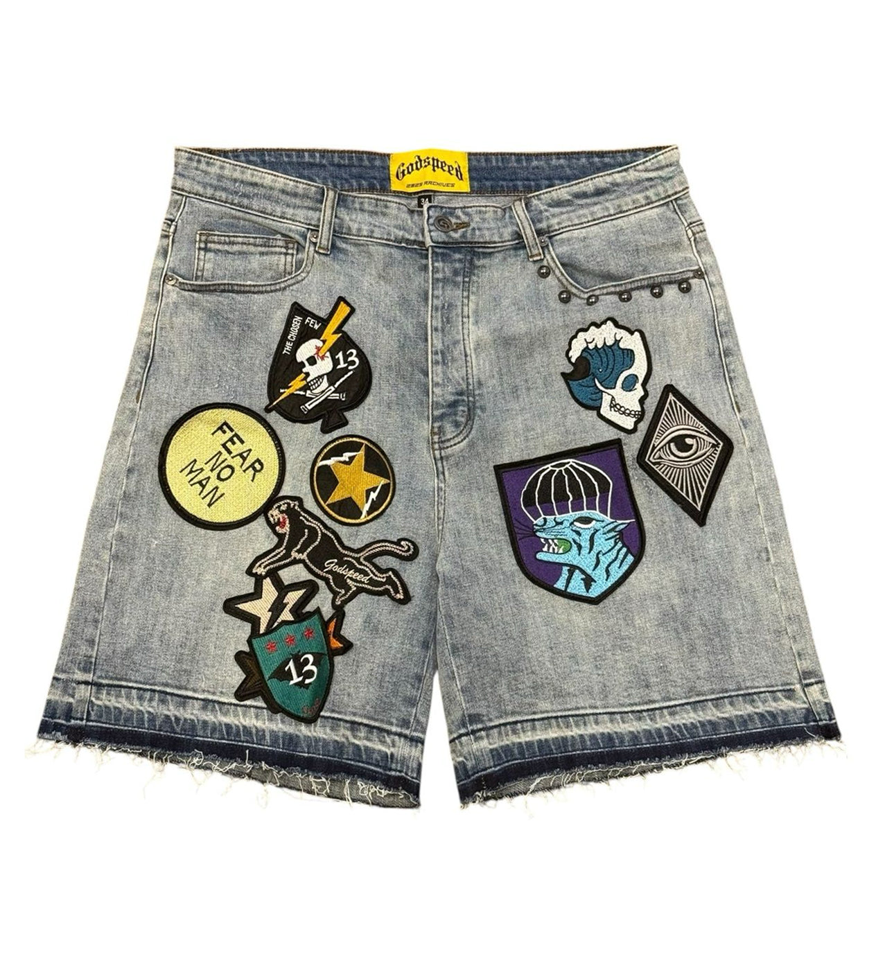 Godspeed Patchwork Brand Boom Denim Shorts Blue