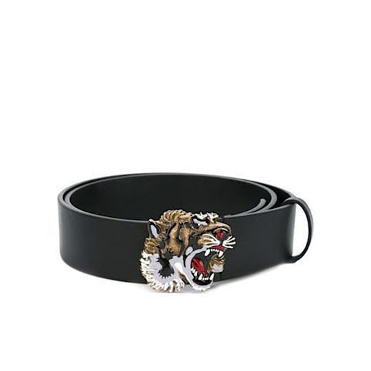 GUCCI Black Leather Tiger Head Buckle Belt