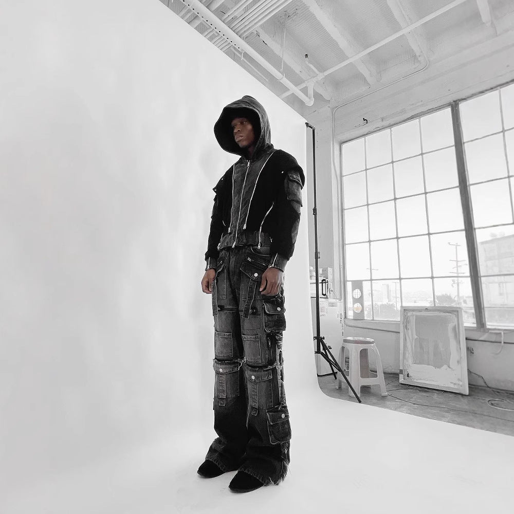 Multi-pocket Black Jeans Loose Drag - MAVERICKFITS