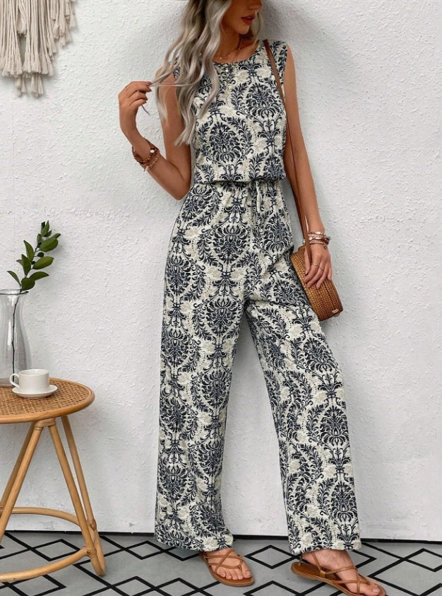 Printed Waist Cinching Casual Straight Leg Pants Set - MAVERICKFITS